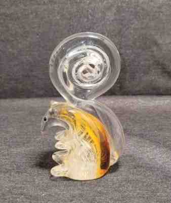 Vtg Hand Blown Formed Uranium Clear W/Honey Brown Squirrel Rolled Tail Polished