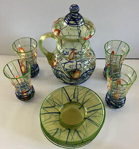 Antique KRALIK CZECHOSLOVAKIA ART DECO URANIUM GLASS Pitcher Glasses Plate Set