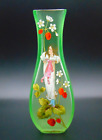 Fritz Heckert Art Nouveau Satin Vaseline Enameled Strawberry Girl Glass Vase