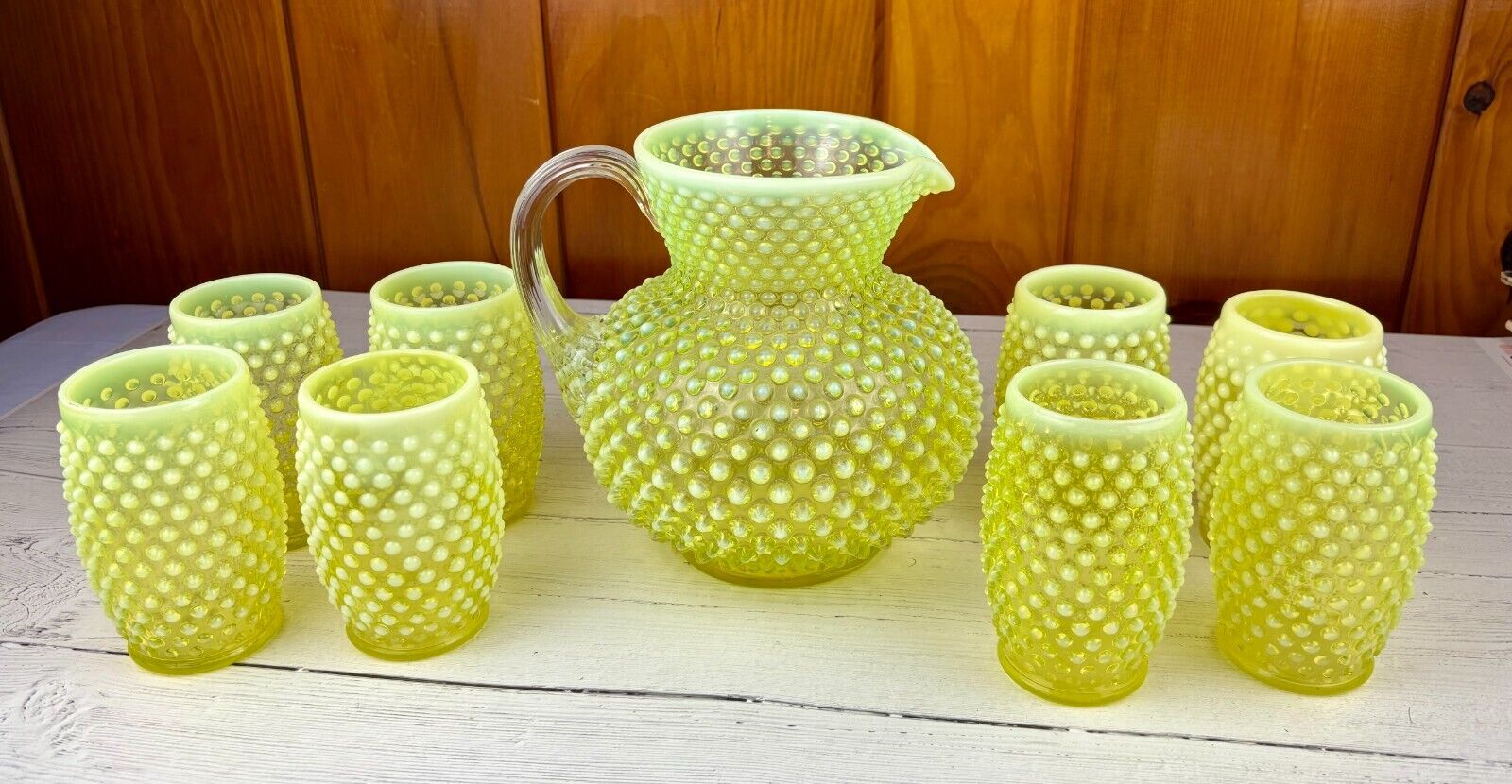 9 RARE FENTON USA VASELINE TOPAZ OPALESCENT HOBNAIL GLASS JUICE TUMBLER PITCHER