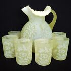 Vintage Fenton Daisy & Fern Satin Topaz Uranium Pitcher + 6 Glasses Juice Set