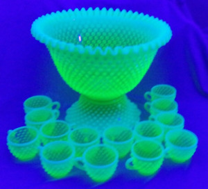 16 Pc Fenton Vaseline Opalescent Hobnail Punch Bowl Set  Uranium Glass