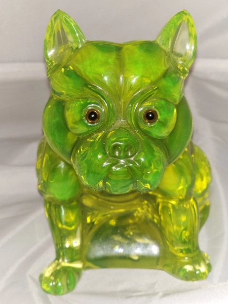 New ListingWestmoreland Rosso Large Vaseline Uranium Glass Bull Dog Doorstop Circa 1915