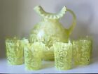 FENTON VASELINE TOPAZ OPALESCENT DAISY & FERN PITCHER & 6 TUMBLER & 1 Bowl