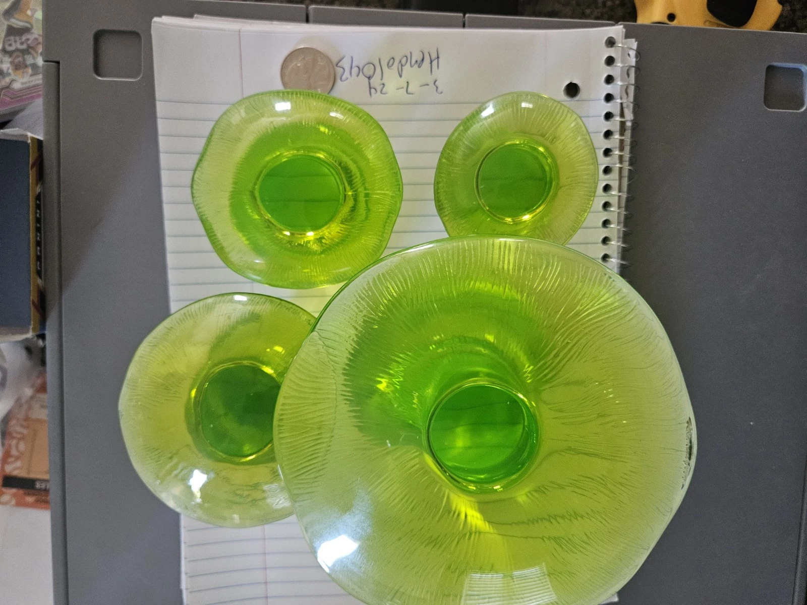 Viking Glass Uranium Mushrooms Set Of 4. 1 Small, 1 Medium, 1 Large, 1 Jumbo.