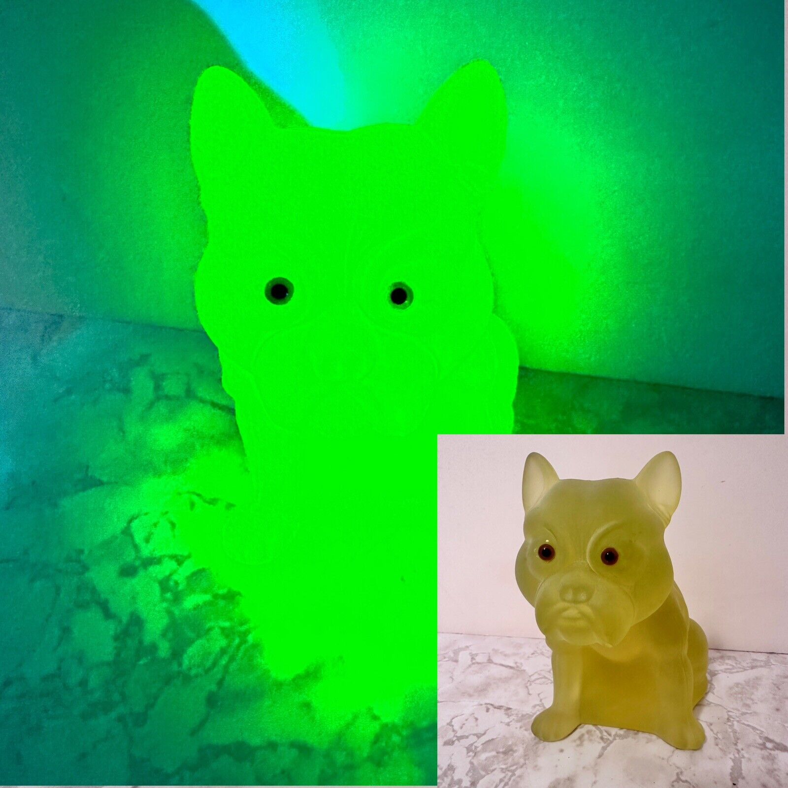 Westmoreland Uranium Glass French Bulldog UV Green Glow Mosser Rosso Doorstop 6”
