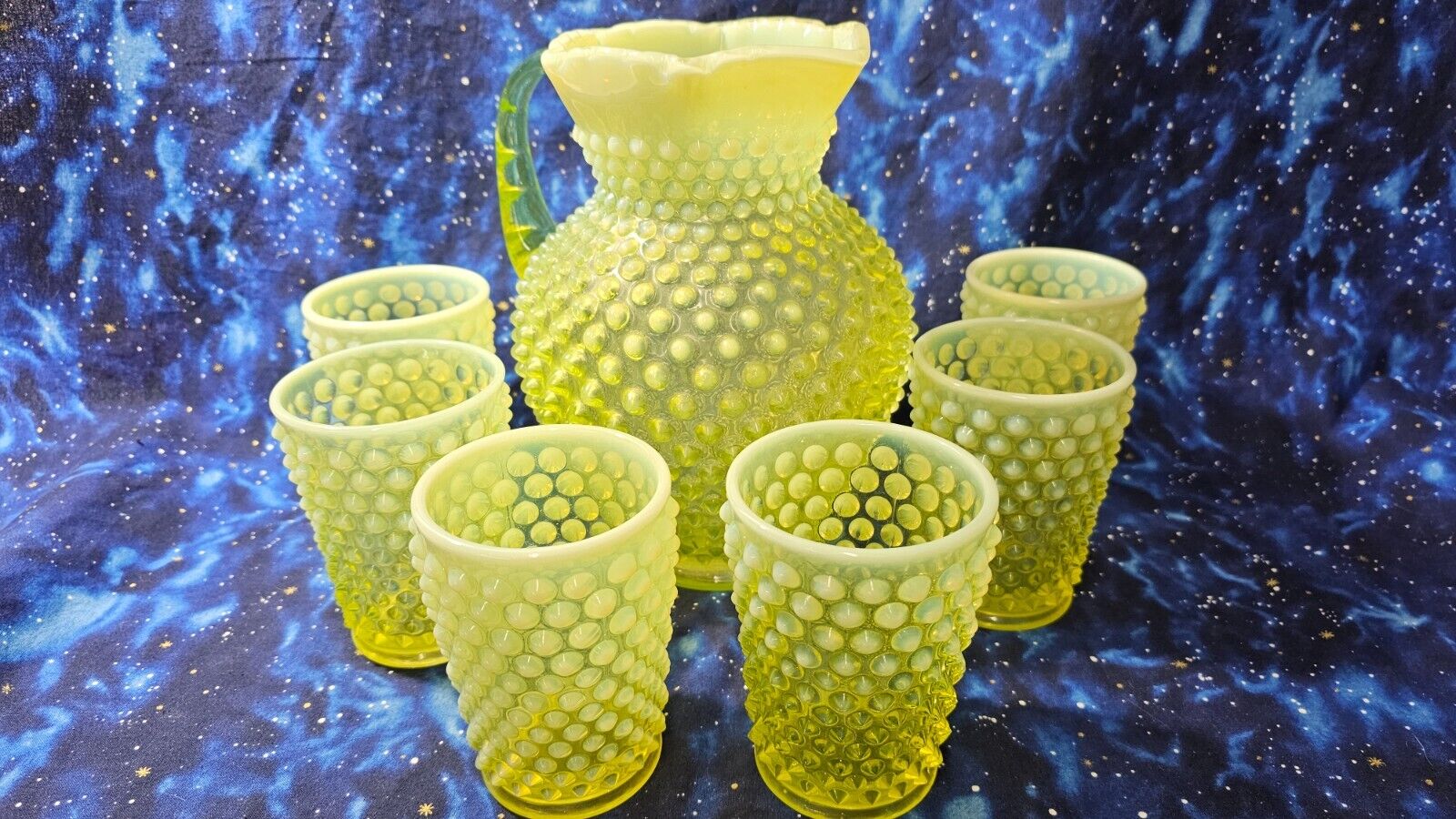 Vintage Fenton Hobnail Opalescent Uranium Glass Pitcher and 6 Tumblers