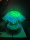 FENTON OLD AND RARE GREEN HOBNAIL OPALESCENT URANIUM GLASS LAMP w/3 bulbs
