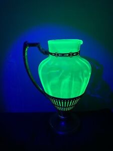 Uranium Glass Paden City Pitcher Carafe Silver Plate Crescent Plating House