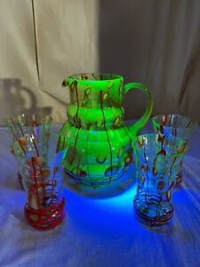 Czechoslovakia Kralik Vaseline Uranium Glass Water Set-Art Deco Bohemian Marked