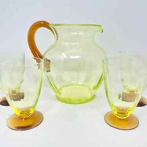 Antique 1920s Utility Glass Works uranium vaseline and amber glass pitcher set