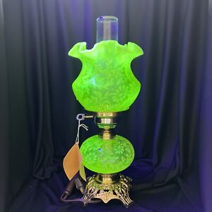 Fenton LG Wright Fern And Daisy Vaseline Glass Lamp Original Tag