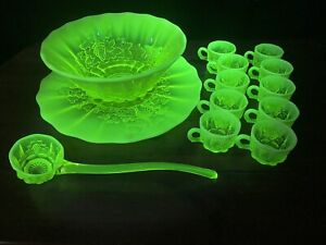 Vintage Opalescent Vaseline Uranium Glass Mosser Grapes Punch Bowl Set Near Mint