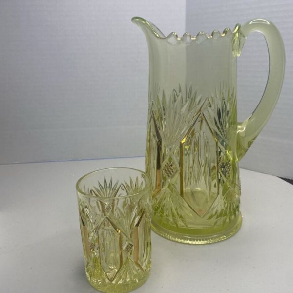 New ListingEAPG Antique Riverside Derby Vaseline Uranium Glass Water Pitcher And 1 Tumbler