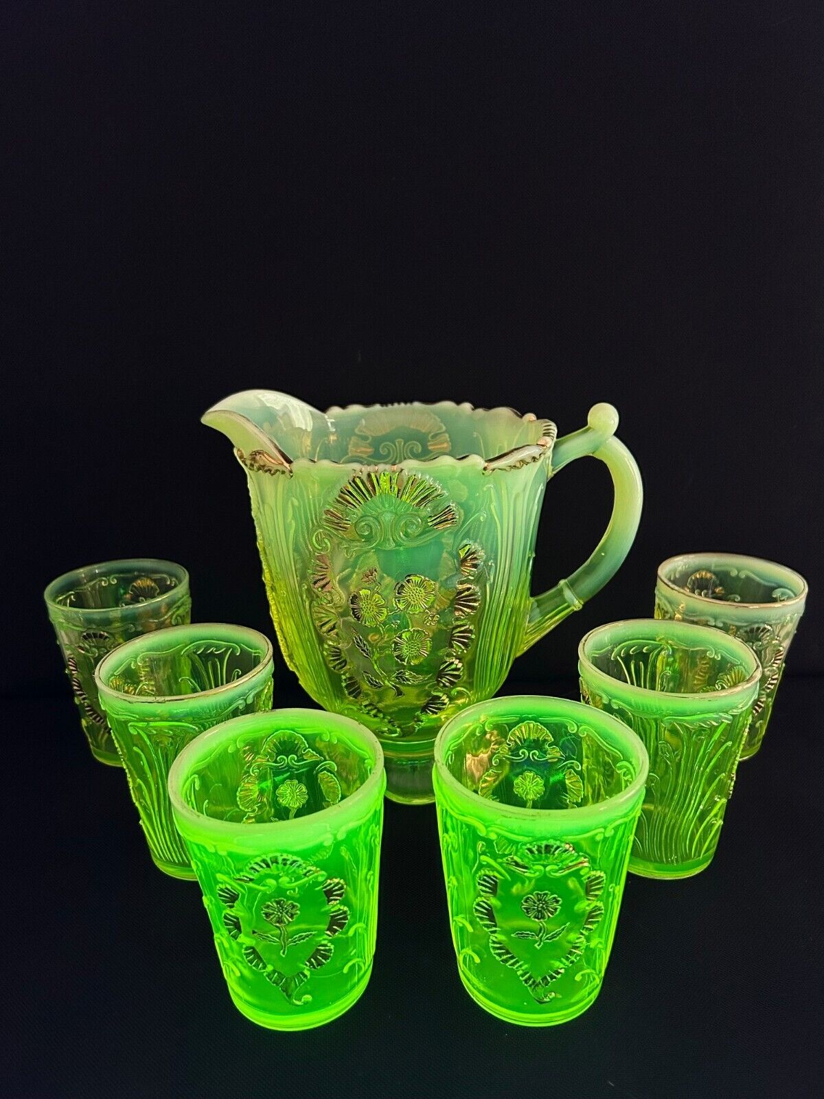 Vaseline Opalescent Yellow Glass Pitcher & 6 Tumblers Golden Flowers EAPG Rare