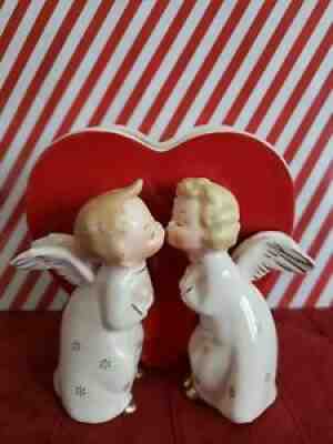 Vintage Valentine Heart Planter Fine A Quality Japan Angels Kissing -