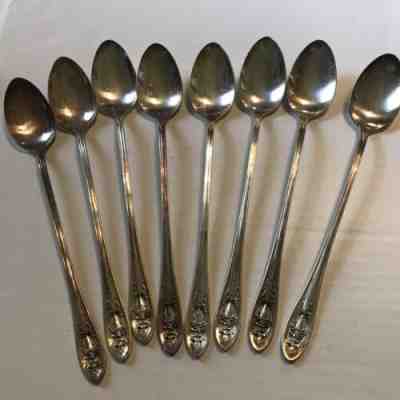 Wallace Hollywood Luxor Plate Silverplate Pieced Flowers 8 Ice Tea Spoons