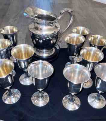 Antique WALLACE STERLING SILVER 12 GOBLETS #14 and Reed Barton Pitcher 107 ounce