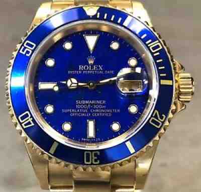 VINTAGE ROLEX SUBMARINER 16618 18K YG RARE LAPIS LAZULI DIAL W/ BOX & RSC CARD