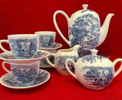 Wedgwood COUNTRYSIDE BLUE Coffee Pot  + 4 Teacups & Saucers + Sugar & Creamer