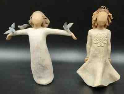 2 Willow Tree Girl Figurines- Happiness w/ Bluebirds & Irish Charm w/ Tiara