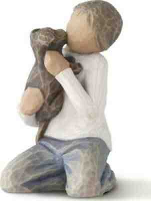 Sculptures Figurine Kindness Boy With Puppy Resin Darker Skin Tone And Hair