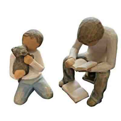 Set of 2 Willow Tree Figurines, Boy Reading #26197 & Child Holding Puppy 26217