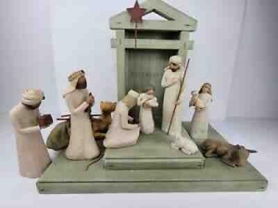 Willow Tree Nativity Set (9 pieces) w/3 piece Creche Wood Stand VTG 2000 As/Is