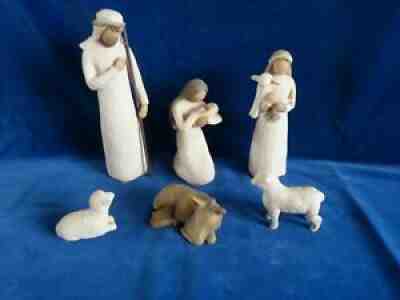 Willow tree nativity set, hand painted figures Mary, Joseph, Donkey & Two Sheep