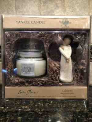 YANKEE CANDLE "SNOW ANGELS" CANDLE w/WILLOW TREE "CELEBRATE" FIGURINE ~ RARE