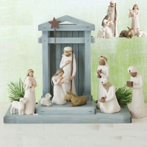 NATIVITY SCENE SET - 10 Figures & Wood Manger - Jesus Mary 3 Wisemen Willow Tree