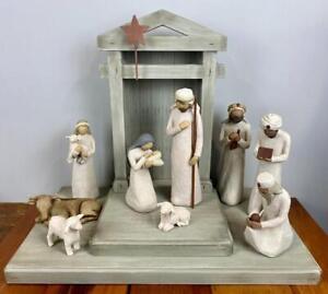 Willow Tree Creche 9 Piece Nativity Set with 4 Pc Wood Manger 3 Wisemen Shepard