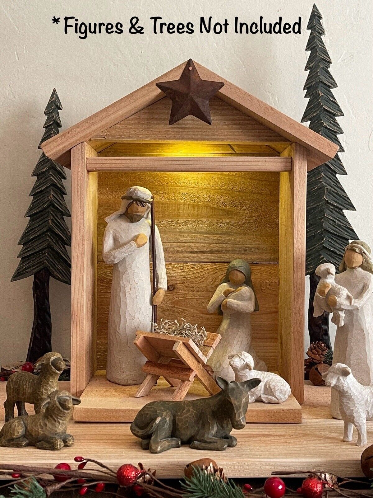 Handmade Rustic Wood Stable Or Crèche And Manger For Willow Tree Nativity Light