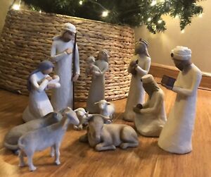 Willow Tree Sculpted Hand-Painted Nativity Figures Mary, Wisemen Ox, Goat 11 pcs