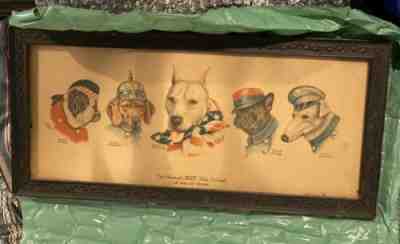 Original Art & Frame 1915 Pre U.S. Entering WWI, Each Nations Dogs In Uniform