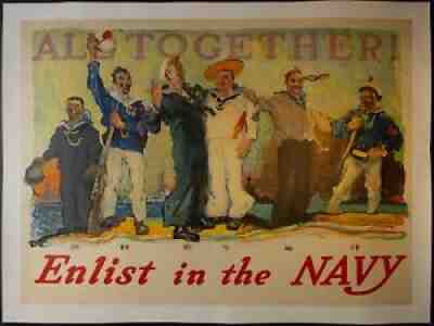 1917 All Together Enlist In The Navy WWI Poster Henry Reuterdahl Original Linen