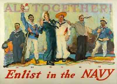 All Together! Pristine Original WW I Poster for the Navy 1917 Mounted on Linen