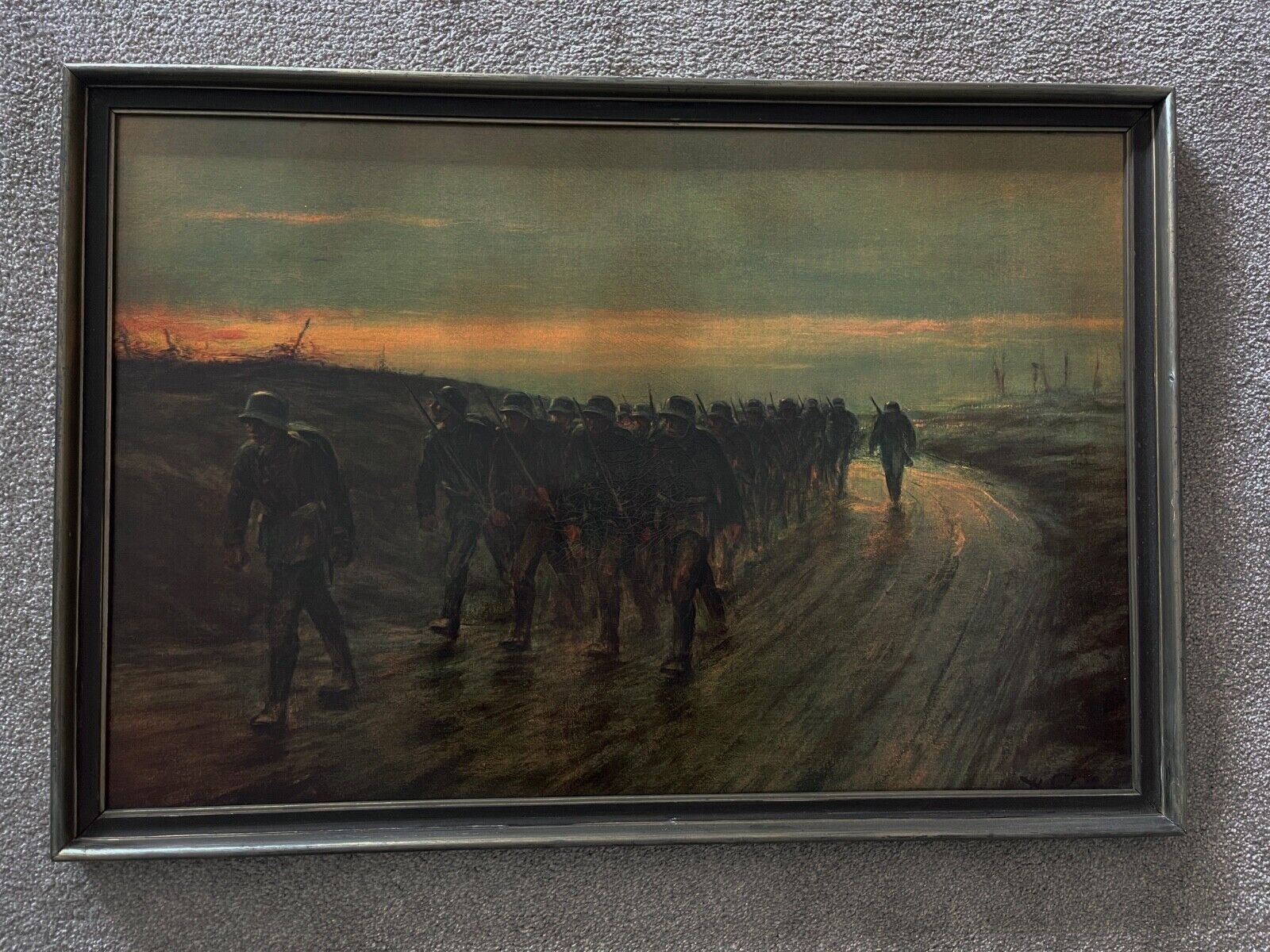 VINTAGE PAINTING WW1 GERMAN SOLDIERS ON THE MARCH FRAMED ORIGINAL ARTWORK