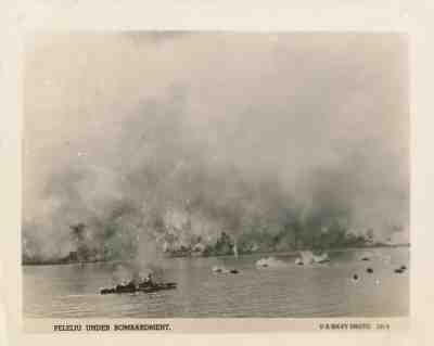 1944 WWII US Navy by Official 2 Photos Peleliu shelling Japanese defenses