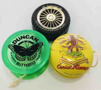 Lot of 3 Vintage Yo-yos Duncan Butterfly/Hot Wheels Tire/ Curious George Metal