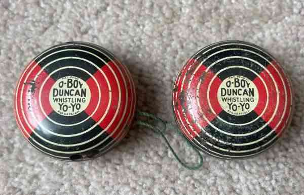 2 Vintage Tin Toy Duncan Yo-Yo O-BOY Whistling 1932 Rare First Tin Duncan Mfg.