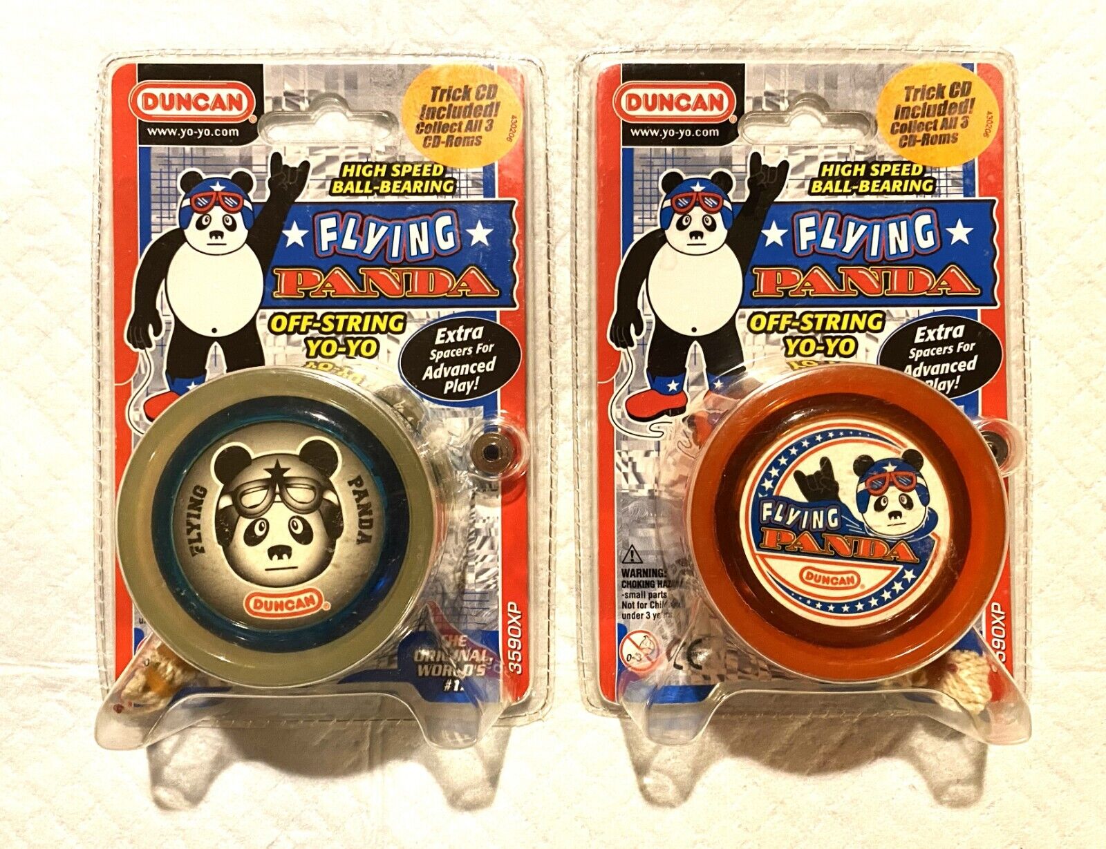 Duncan Flying Panda Yo-Yos, 1 White-Blue & 1 Red, New Sealed 2005 Collectors